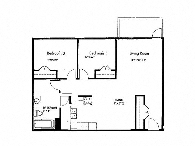 Floor plan for 2 beds, 1 bath, 872 sqft